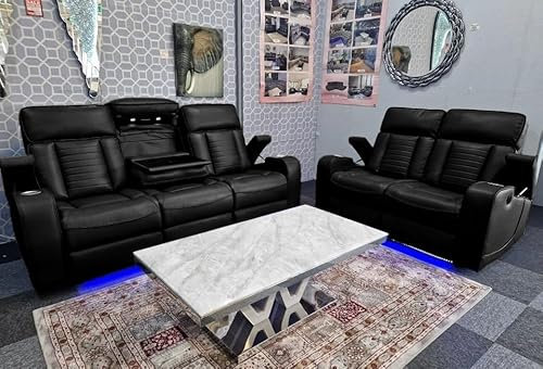 Tuscany Leather Electric Recliners Sofa With Cupholders - 3+2 Seater Sofa Set - LED Lights - Storage - USB Ports - Wireless Charging (Black)