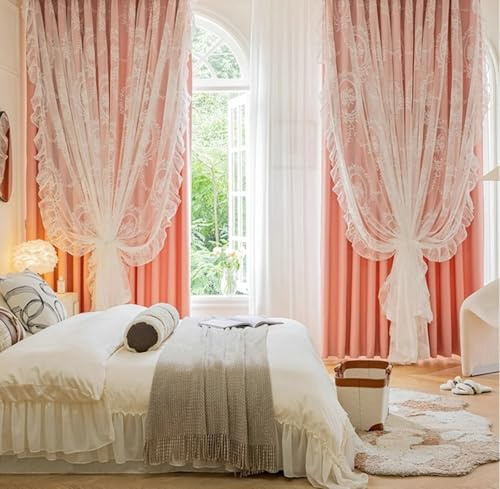 Calefee Rideaux Courts Occultants 107x132cm, Rideau Double Couche Salon Polyester Rose avec Fil Brodé à Volants, avec Crochet, Lot de 2