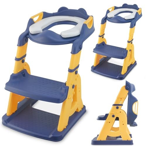 ALMAR Baby Escalera para wc Azul y Amarillo Asiento Inodoro Infantil con Escalera Reductor WC para Niños Antideslizante, Ajustable y Plegable Entrenador de Baño para Niños de 1 a 7 Años