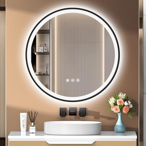 PESENXAN 70cm Runder Spiegel mit Beleuchtung – Spiegel Schwarzer Rahmen, Antibeschlag, Dimmbar, 3 Lichtfarben, LED Badspiegel mit Touch-Schalter, Speicherfunktion & Energiesparend, Schwarz