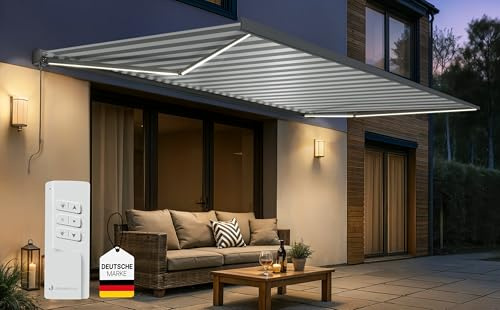 paramondo Elektrisch Kassettenmarkise Quadris mit LED Beleuchtung, Markise Gelenkarmmarkise Sonnenmarkise Sonnenschutz, mit jarolift Funkmotor & Funkhandsender, komplett vormontiert, 4,45 x 3,5 m
