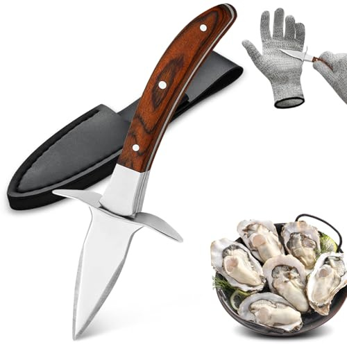 Funnydin Austernmesser Set - Austernmesser mit Holzgriff, 2-teilige Schnittschutzhandschuhe (Größe L) und Edelstahl - Austernöffner - ideal für Muscheln, Austern und weitere Meeresfrüchte