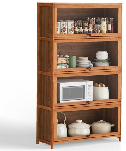 Warmiehomy Kitchen Cupboard 4-Layer Pantry Cupboard Organiser Storage Unit Bamboo Wooden Kitchen Sideboard Units for Home Dining Room Living Room(Brown,80x32x139.5cm)