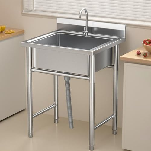 KCCRHIN Fregadero Inoxidable De Cocina con Patas, 1 Seno, Fregadero De Jardín Exteriore, Fregadero Comercial INOX Lavabo Multifuncional con Grifo para Garaje/Restaurante/Bar,50x50x80cm