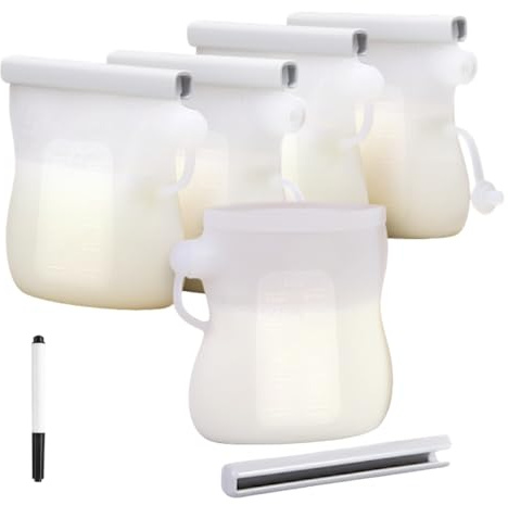Sachet Conservation Lait Maternel, Réutilisables, 250 ML, Sans BPA. Lot de 5, Fermeture à BEC Verseur + Stylo Effaçable. Sac Congelation Lait Maternel, Sac à Lait pour Allaitement Bébé, ECO