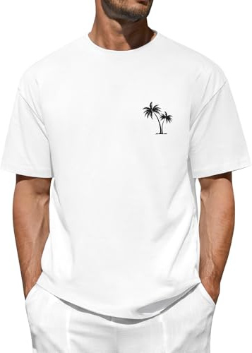 TOMEEK Magliette Uomo Manica Corta Oversize T Shirt Cotone Estive Maglietta Uomo Girocollo Casual Maglia Moda Palme Stampa Basic Allentata Top(Bianco,L)