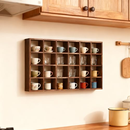 Blazea Étagère Murale en Bois pour Tasses à Café de Cuisine, Présentoir Vintage pour Tasses et Soucoupes à Thé, Support à Tasses(4x8 32 Slots)