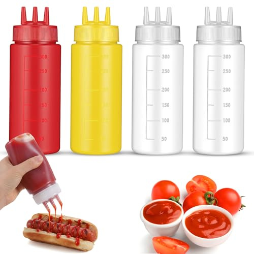 Grevosea 4 Stück Squeeze Flasche 3-Loch 300ml Kunststoff Sauce Gewürzspender Set Plastik Quetschflasche Mit Kappen Squeeze Flaschen für Backen Ketchup Scharfe Soße Olivenöl Senf Malen Pigment