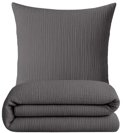 sleepling Musselin Bettwäsche, 135x200 cm + 80x80 cm, Anthrazit | Bettbezug + Kissenbezug, 100% Baumwolle, Extra weiche Sommerbettwäsche, Made in EU, OEKO-TEX, Waschbar bis 60 Grad