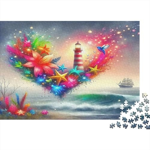 Lighthouse 1000 Piece Thick Paper Jigsaw Puzzle Heart-shaped Flowers with A Lighthouse Challenging Family Group Activity for Adults Teens UK Gift 38x26cm/1000pcs