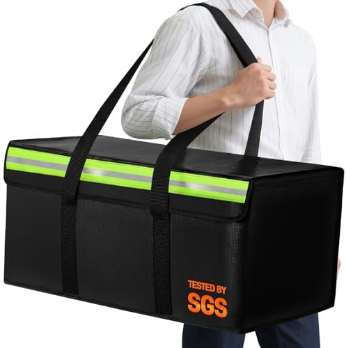 Khongoo Große Tragbare Feuerfeste Dokumententasche, 60 x 30 x 30cm, Schwarz | 1800 °F feuerfeste Dokumentenbox, mit reflektierendem Streifen, sichere wasserdichte Aufbewahrung für Bargeld und Wertsachen