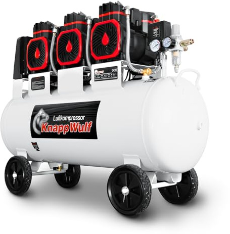 KnappWulf Flüsterkompressor KW6100 10bar 100L Kessel 230V 3300W ölfrei | 754L/min inkl. Wasserabscheider Druckminderer Kondenswasserablasshahn Kompressor Druckluftkompressor brushless-Motoren