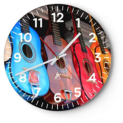 Modern Wanduhr Gitarre Musik Instrument Mexiko 40x40cm Rund Groß Wand Uhr Glas Analog Zimmeruhren Küche Büro Wohnzimmer Glasuhr Wall Clock Dekoration Design Wanddekoration Küchenuhr C4AR40x40-2221