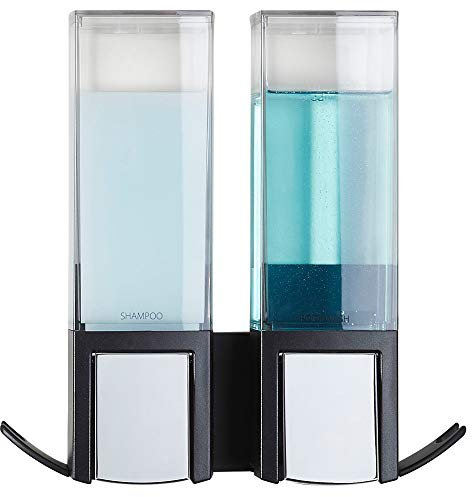 Better Living Clever - Dispenser Doppio per Doccia, a 2 camere, per Montaggio a Parete, per Bagno, Hotel, bagnoschiuma, Ganci per riporre Oggetti, Senza Trapano, Dispenser di Sapone per Shampoo
