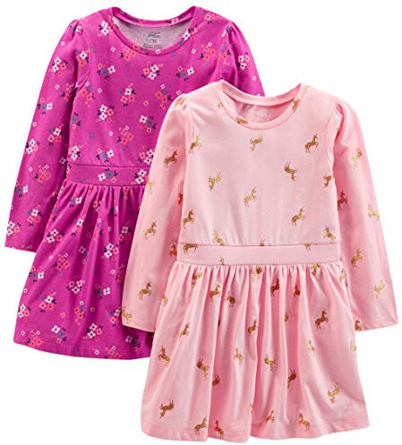 Simple Joys by Carter's 2-Pack Long-Sleeve Dress Set Robe décontractée, Rose Blush Licorne/Rose Foncé Fleuri, 2 Ans (Lot de 2) Fille
