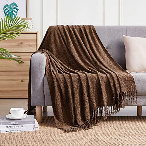 Bourina Chenille Überwurf Decke mit dekorativen Fransen für Couch Sofa Stuhl Decke (127 x 152 cm) braun