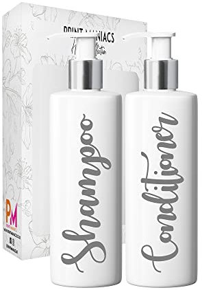 Print Maniacs 2 Set Mrs Hinch Inspired White Personalised Dispenser Pump Bottles Shampoo Conditioner (Grey)