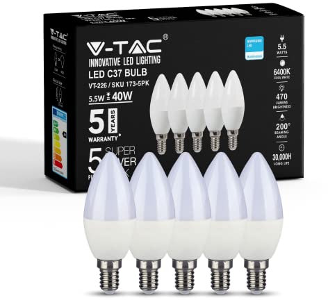 V-TAC E14 LED Candle Bulbs | 5.5W (Equivalent to 40W) Candle Light Bulbs | Edison Small Screw Light Bulb | Samsung Chip Non Dimmable E14 Candle Bulb | 6400K White | Pack of 5