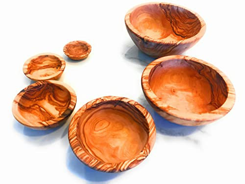ORCHARD HARDWOODS Nesting Set of 6 Artisan Olive Wood Serving Bowls. Unique Handmade Decorative Serve-ware for Fruit, Salad, Snacks, Condiments, Any Food. Small Mini Bowl 2 to Large 5.5-6.5
