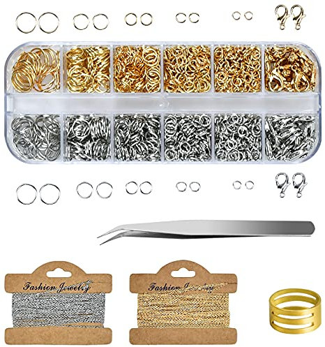 1040 Piezas Anillos de Salto, 2 Collares de Cadena con Cierres de Langosta, 4-10 mm Anillas Salto Abiertos con Pinzas, Redondo Conector Argollas para Collar de Pulsera de Reparación (Oro & Plata)