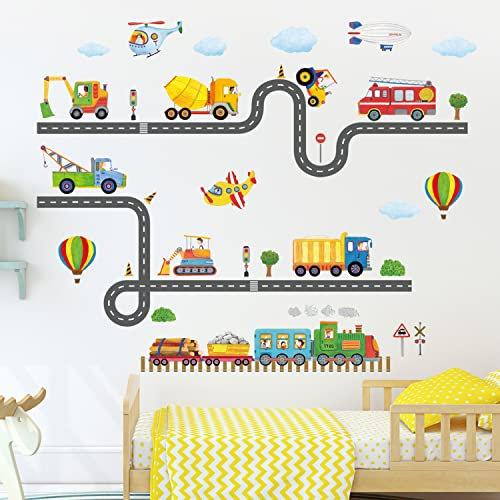 DECOWALL SG2-2107 Bautransport auf der Straße Wandaufkleber Kinder Wandtattoo abziehen aufkleben abnehmbar Kinderzimmer Schlafzimmer Wohnzimmer wanddekorationen