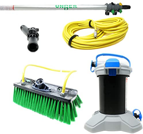 Unger Rinse & Go Pure Water Cleaning Kit - 1.5m Telescopic Pole, Water-Fed Brush & 20M Hose Pipe - Outdoor Professional Car Wash & Conservatory Cleaning Kit