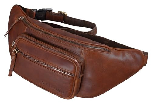 STILORD 'Brodie' Sac Banane Zippé en Cuir Sac de Ceinture Réglable Sacoche Banane Pochette Ventrale Sac Banane idéal Sport Voyages Cuir Véritable, Couleur:Porto - Cognac