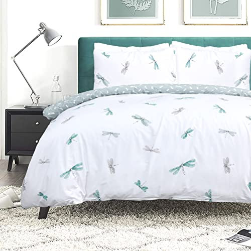 Sleepdown Dragonfly Weiß/Grün Wendebettbezug Quilt Pipe Edge Kissenbezüge Bettwäsche Set Weich Pflegeleicht - Super King (220 cm x 260 cm), 5056242891383