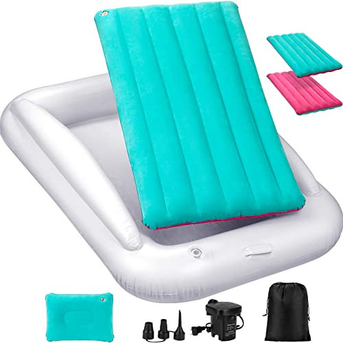 USHMA Toddler Travel Bed, Portable & Inflatable, Lightweight & Foldable, Compact, Built-In Pump, Turquoise, Plush, Toddler Air Mattress, Set Includes Pump, Case, Pillow