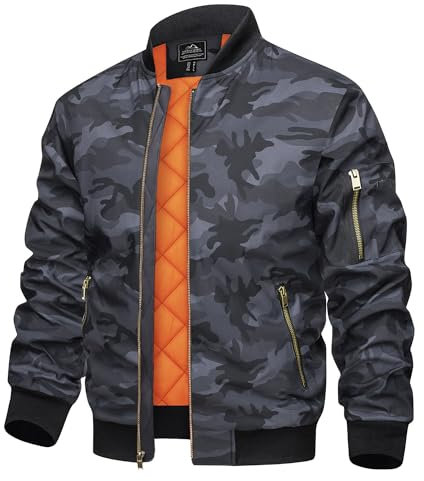 TACVASEN Herren Bomberjacke Übergangsjacke Sportjacke Fahrrad Windbreaker Camouflage Frühlingsjacke mit Taschen (XL, Schwarz Camo)