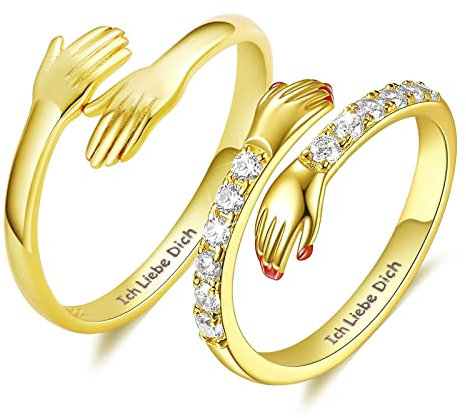 Dsnyu Ringe für Pärchen, Zirkonia Umarmende Hände Öffnen Ring 925, 2 Stück Ehering Gravur Ich Liebe Dich Gold