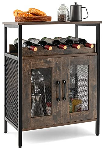 COSTWAY Buffet de Cuisine à 2 Portes en Treillis, Meuble Range Bouteille avec Placard Porte-Verre Porte-Bouteilles, 60x34x79cm, pour Salon, Salle à Manger, Cuisine (Brun Rustique)