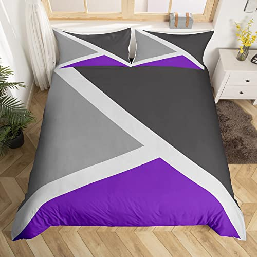 Homewish Purple and Grey King Size Duvet Cover Set with 2 Pillowcases - 100% Soft & Breathable Polyester, Zip Closure - Patchwork Geometric Bedding - Modern Simple Pattern with Black Reverse