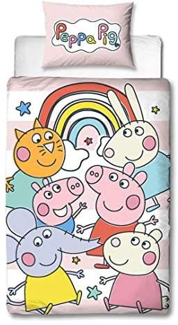 Character World Peppa Pig and Friends Offizielles Bettwäsche-Set für Einzelbett, buntes Verspieltes Design, wendbar, 2-seitig, inkl. passendem Kissenbezug, Polycotton