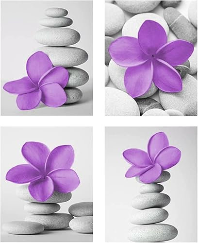 Genius Decor - Lilac Purple Wall Art Pictures for Bathroom Decoration Zen Art Flower and Pebble Stone Spa Prints Purple Bedroom Artwork Canvas Prints, Unframed Set of 4 (Lilac, 8x10)