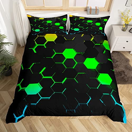 Honeycomb Bettwäsche Bettbezug S Größe,Kinder Geometrie Hexagon Bettwäsche Sets Grün Gelb Neon Lichter Tröster Abdeckung,Jungen Teen Mann Chic Kreative Quilt Cover mit 1 Kissenbezug,Schwarz