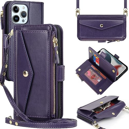 ZOUZT for iPhone 13 Pro Max Wallet Case for Women, Purse with Credit Card Holder Slots Crossbody Lanyard Strap Zipper Flip Book Shockproof Protective Phone Cover for Apple 13 Pro Max 6.7 Inch (Purple)