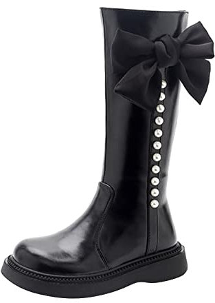 BIISDOST Stivaletti per bambini 26 – Stivali lunghi da ragazza, eleganti scarpe invernali per bambini, con fiocco e chiusura lampo laterale, Nero , 34 EU