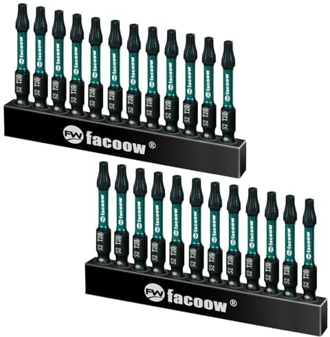 Facoow 2 Long T20 Torx Bit Set - 24 Piece, Magnetic Tips, Alloy Steel, Impact Ready
