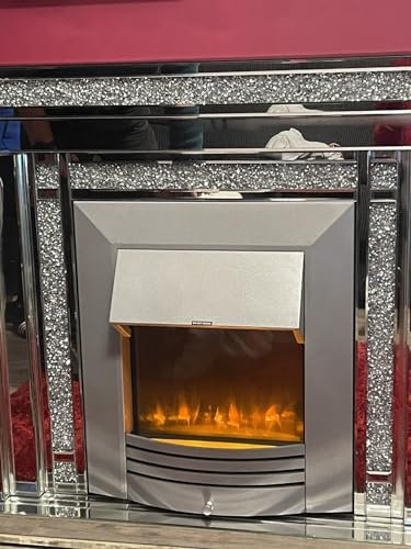 Mirrored Crushed Crystal Diamond Electric Fireplace with Remote Control Front Heat 3 Large Designs 120cm Silver (Elegance)