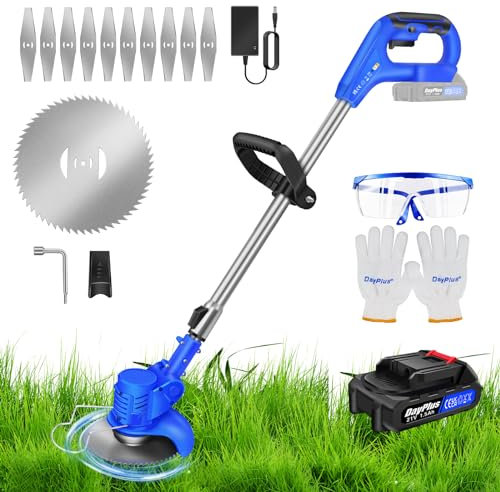 Akku Rasentrimmer mit Akku und Ladegerät, 21V Elektrischer Rasentrimmer mit 1 x 1.5Ah Akku, 10X Metallklinge & 2 x Runde Metallklinge für Rasenschneiden Rasenpflege Auffahrt