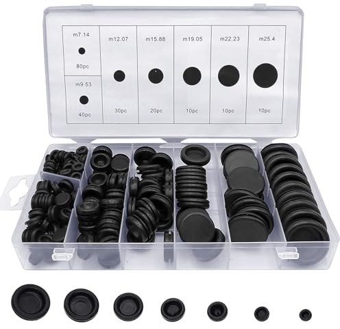 200 Pcs Rubber Grommet Kit, Black Rubber Hole Plugs Electrical Wire Gaskets Assortment, 7 Sizes Rubber Grommets for Protecting Wires, Plugs, Cables Holes, Car, Boat, Pump, Plumbing, Cable Wiring