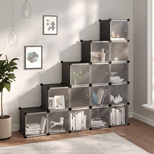 CIADAZ Regalsystem mit 15 Würfeln und Türen Schwarz PP, Vitrine, Raumteiler Regal, Steckregal, Regalsystem, Stufenregal, Bücherregal, Schrank Regal