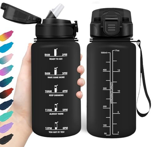 HoneyHolly Trinkflasche 500ml, Auslaufsicher, Wasserflasche BPA-Frei, Motivierende mit Zeitmarkierung, Trinkflasche mit Strohhalm, Trinkflasche Sport für Kinder, Fahrrad, Fitness, Schule, Büro