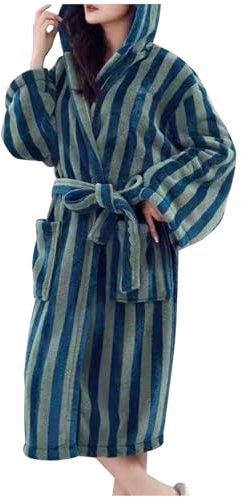 Towelling Bath Robes for Women Striped Bathrobe Hooded Neck Sleepwear Robe Long Belt Ngihtgown Pockets Sleepwear Long Sleves Verknee Pajamas Loose Warm Thickened Long Velvet Bathrobe Home