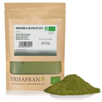 FRISAFRAN | Moringa Ecológica en Polvo 200g | moringa pura | Hojas de Moringa | hoja en polvo | Planta de Moringa | Superalimento Bio | Nutritivo | Antioxidante | 100% Natural | Vegana | Sin Gluten
