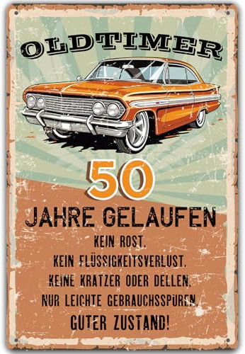 Blechschild 50 Schild Geburtstag, Oldtimer 50 Jahre Gelaufen, Geschenke für den 50 Geburtstag Mann, lustiges Schild 50 Geburtstag Deko als lustige Geburtstagskarte, Vintage Metallschild 20x30 cm