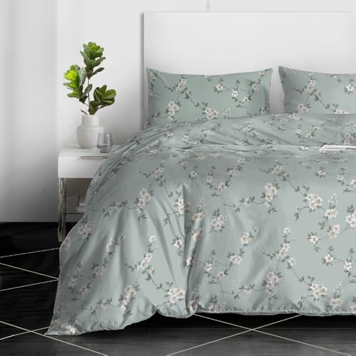 RAYBedding 3PCS King Size Duvet Cover Set 100% Egyptian Cotton Bedding King Size Bed Set 400 Thread Count Floral Printed Mint Bloom Duvet Cover King with Pillow Cases 2 Pack