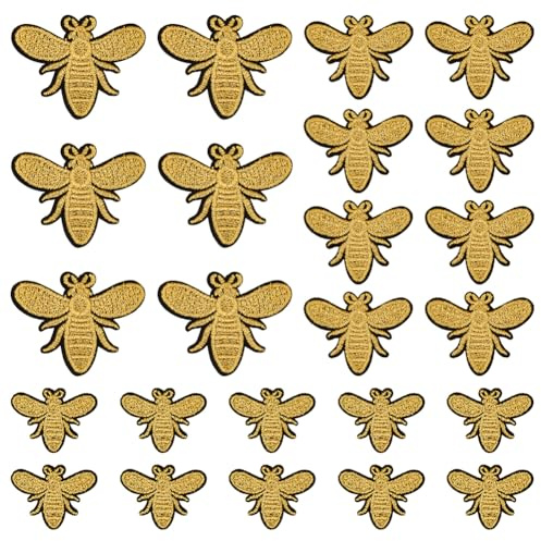 FINGERINSPIRE 24 Stück Bienen Stickerei Aufnäher 3 Größen Goldene Bienen Bügelbild Auf Stoff Bienen Stickerei Nähflicken Bienen Stickerei Aufnäher Kleidungsreparatur Dekorflicken Für Jeansstoff