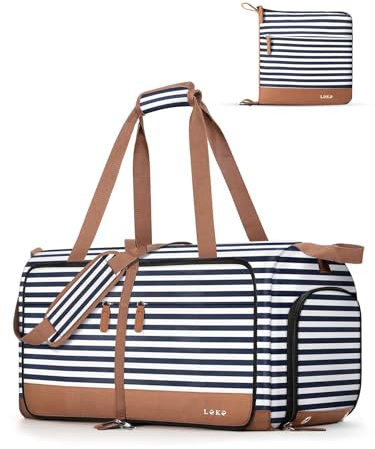 Lekesky Große faltbare Reisetasche – wasserdichte Reisetasche mit Schuhfach, Wochenend-Sporttasche für Damen und Herren, A-blau gestreift, 30 l, Reisetasche
